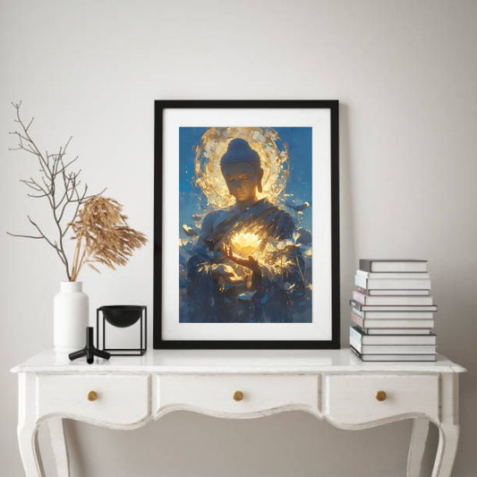 Buddha Amid Lotus Leaves – Radiant Serenity Art Print