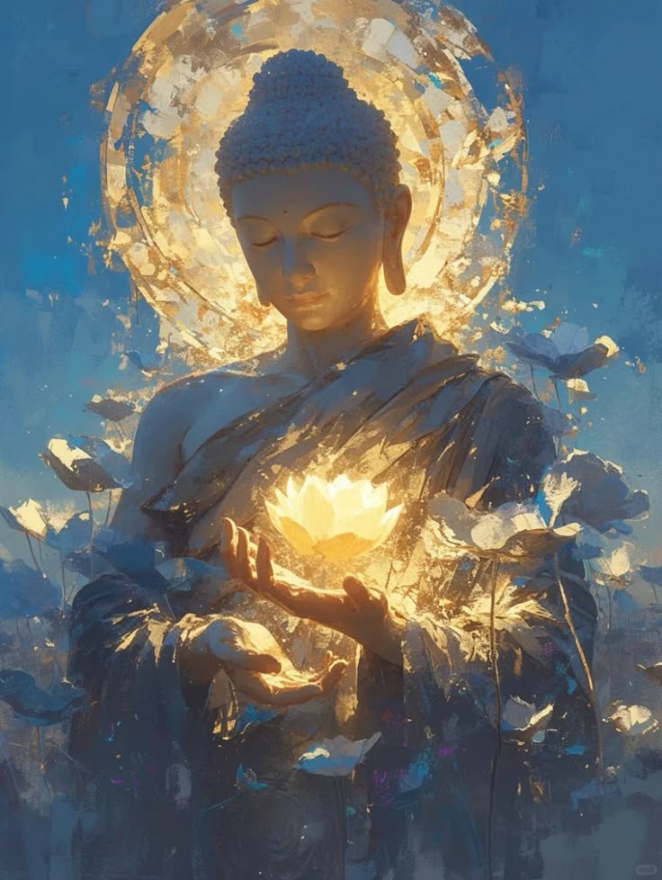 Buddha Amid Lotus Leaves – Radiant Serenity Art Print
